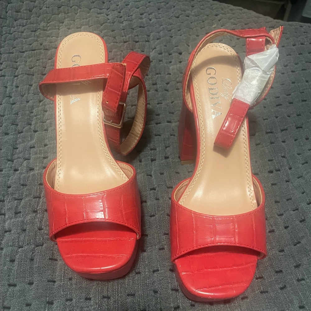 Red chunky platform heels